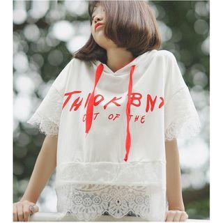 Lace Trim Hooded Elbow-sleeve T-shirt