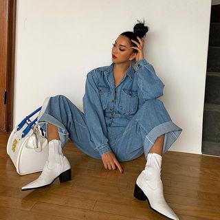 Pleated Wide-leg Denim Jumpsuit