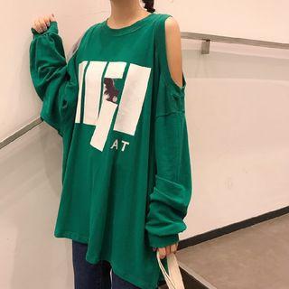 Print Open Shoulder Long-sleeve T-shirt
