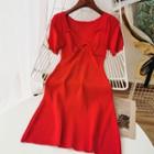 Plain Short-sleeve Knit Dress Red - One Size