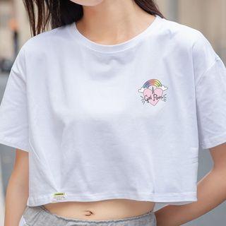 Short-sleeve Print Applique Cropped T-shirt