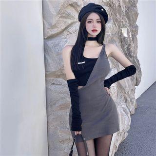 Set: Halter-neck Two-tone Mini Sheath Dress + Fingerless Gloves Gray - One Size