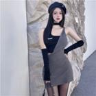 Set: Halter-neck Two-tone Mini Sheath Dress + Fingerless Gloves Gray - One Size