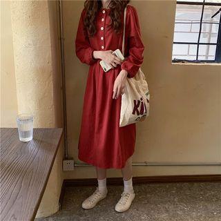 Long-sleeve Half-button Midi A-line Dress Red - One Size