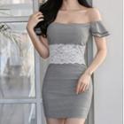 Lace Panel Off-shoulder Short-sleeve Mini Sheath Dress