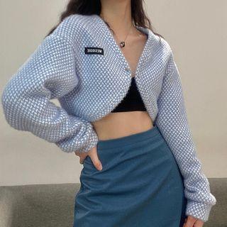 Cropped Open-front Houndstooth Cardigan