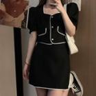 Puff-sleeve Contrast Trim Blouse / Midi A-line Skirt