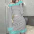 Set: Long-sleeve Furry Trim Top + Mini Skirt