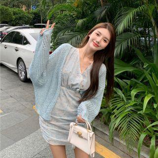 Long-sleeve Floral Print Mini Sheath Dress / Cardigan