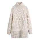 Fringed Turtleneck Cable Knit Sweater