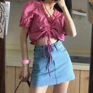 Short-sleeve V-neck Wood Ear Trim Ruched Panel Top / High-waist A-line Denim Skirt