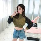 Long-sleeve Mesh Panel Color Block Cropped Top