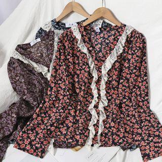 Long-sleeve Floral Print Lace Trim V-neck Blouse
