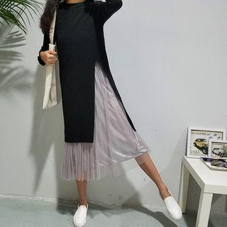 Set: Slit Long Knit Top + Midi Tulle Skirt