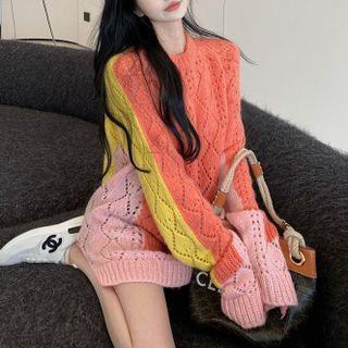 Round-neck Color-block Oversize Knit Sweater As Shown In Figure - One Size