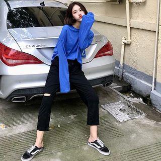 Long-sleeve High-low T-shirt / Ripped Straight-cut Pants