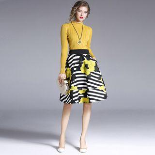 Set: Mock-neck Knit Top + Pattern A-line Skirt