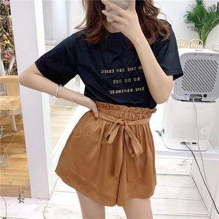 Set: Short-sleeve Letter T-shirt + Skorts Camel - One Size