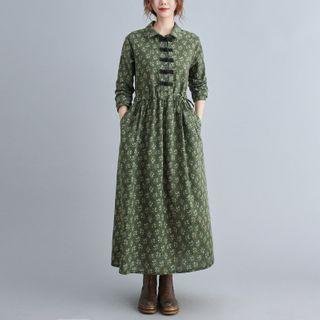Flora Print Frog-button Maxi A-line Shirtdress