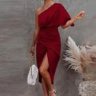 Short-sleeve One-shoulder Plain Slit Midi Sheath Dress