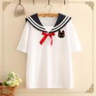 Cat Embroidered Sailor-collar Short-sleeve Top