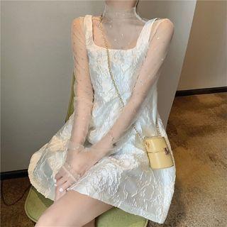 Mock-neck Mesh Top / Jacquard Sleeveless Mini A-line Dress