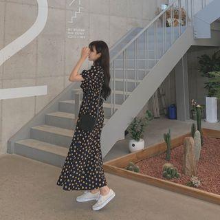 Tie-wait Maxi Floral Dress Navy Blue - One Size