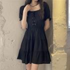 Short-sleeve Lace Up Mini A-line Dress Black - One Size