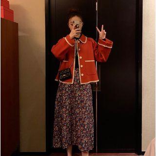 Contrast Trim Jacket / High-waist Floral Skirt