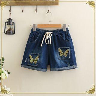 Butterfly Embroidered Drawstring Denim Shorts