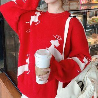 Loose-fit Deer-print Knit Top