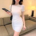 Short-sleeve Round-neck Plain Cut-out Slim-fit Dress