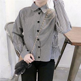 Mock-neck Plaid Long-sleeve Blouse