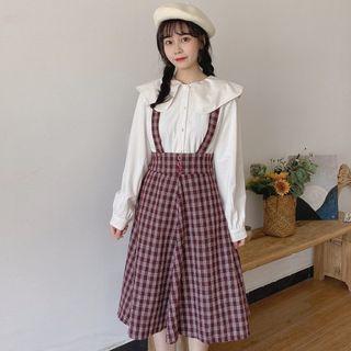 Peter-pan-collar Blouse / Plaid Suspender Skirt