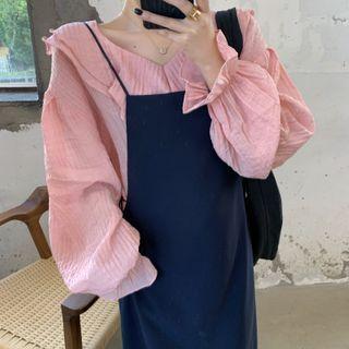 Long-sleeve V-neck Ruffle Blouse / Plain Sleeveless Dress