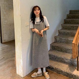 Dotted Long-sleeve Top / Plain Midi Spaghetti Strap Dress