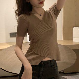 Short-sleeve Ribbed Wrap Knit Top