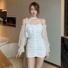 Long-sleeve Sheer Panel Mini Dress White - One Size