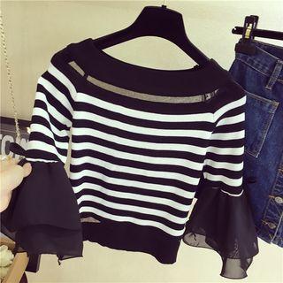 Frilled 3/4-sleeve Stripe Knit Top