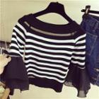 Frilled 3/4-sleeve Stripe Knit Top