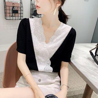 Eyelet V-neck Short-sleeve Top