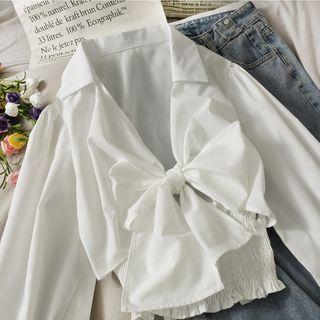 Ribbon-front Smocked Crop Top White - One Size