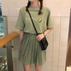 Avocado Embroidered Elbow-sleeve T-shirt / Plaid Mini Pleated Skirt