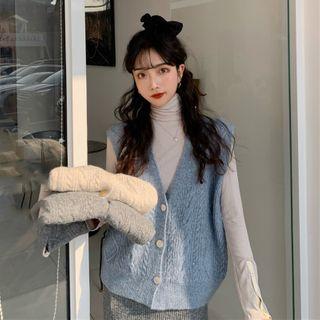 Turtle Neck Long-sleeve Plain Top / Cable Knit Vest