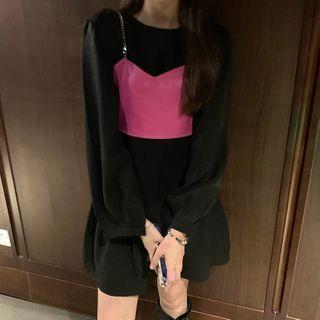 Long-sleeve Plain Mini Dress / Cropped Camisole