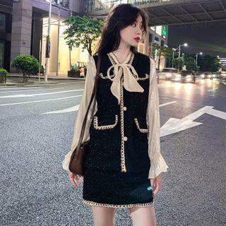 Mock Two Piece Tie Neck Bell-sleeve Blouse + High-waist Skirt / Bell-sleeve Tie Waist Tie Neck Dress + Contrast Trim Coat