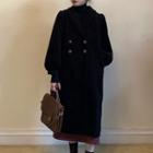 Double Breasted Corduroy Long Coat / Gingham Button-up Vest / Midi Skirt