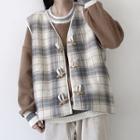 Plaid Toggle Vest Gray Beige - One Size