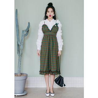 Sweetheart-neck Plaid Midi Pinafore Dress