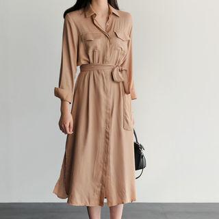 Pocket-detail Long Shirtdress With Sash